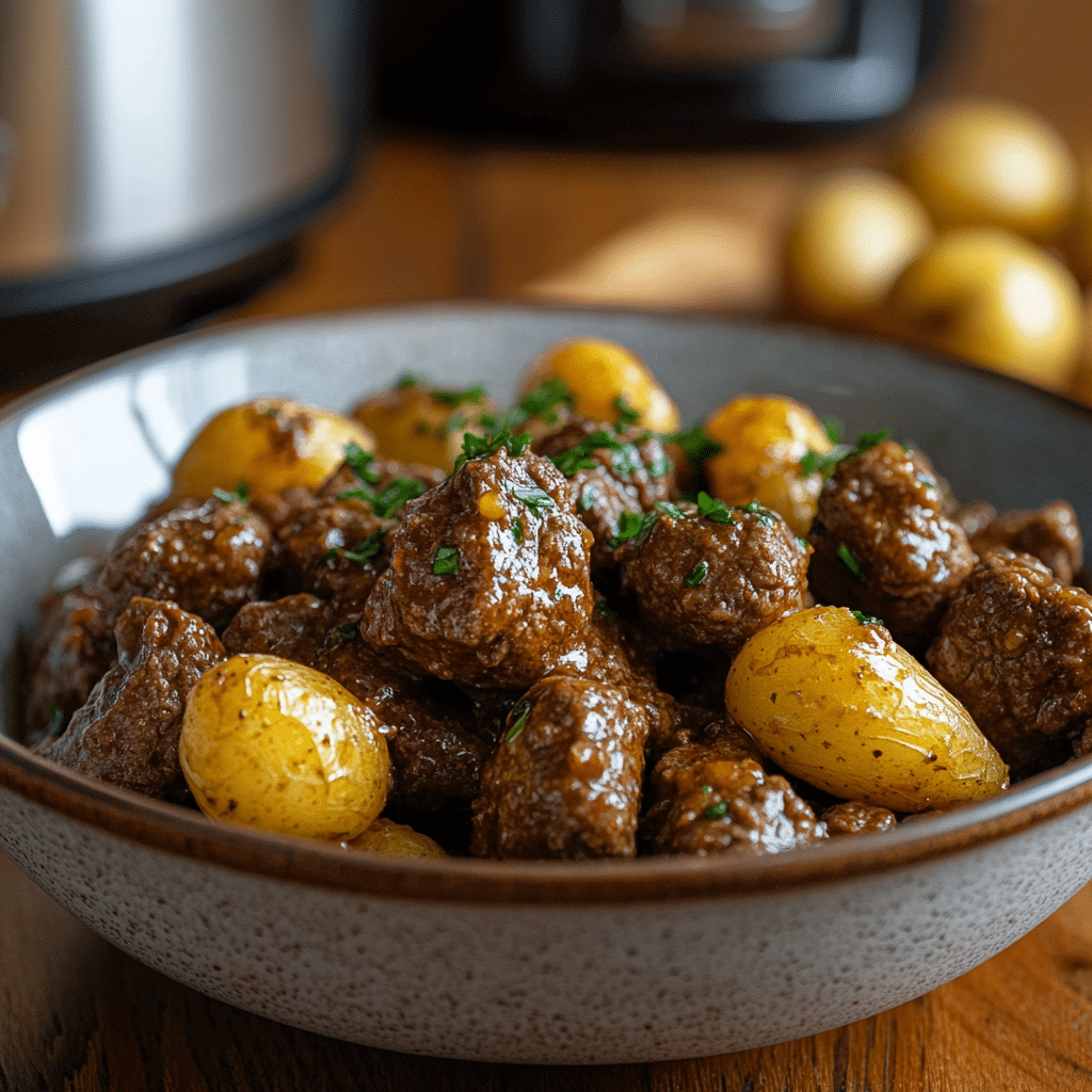Home 1 slow cooker garlic butter beef bites and potatoes in rustic bowl
