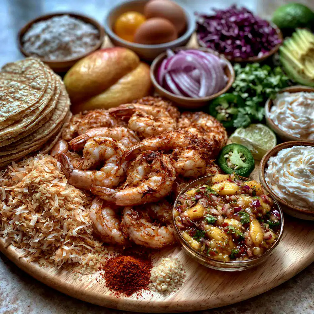 Fresh ingredients for Coconut Shrimp Tacos with Mango Salsa including shrimp, mangoes, cabbage, tortillas, and coconut