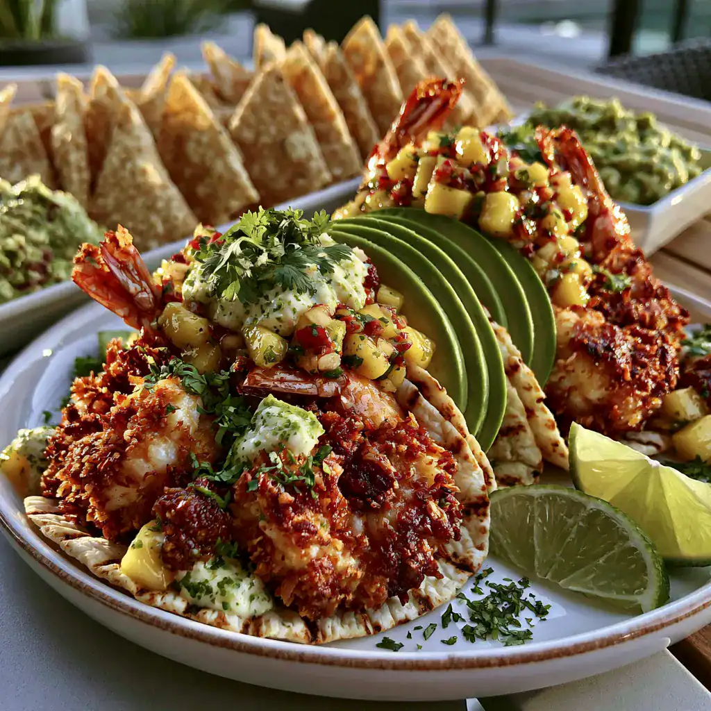 Homemade Coconut Shrimp Tacos with Mango Salsa served with tortilla chips and lime wedges