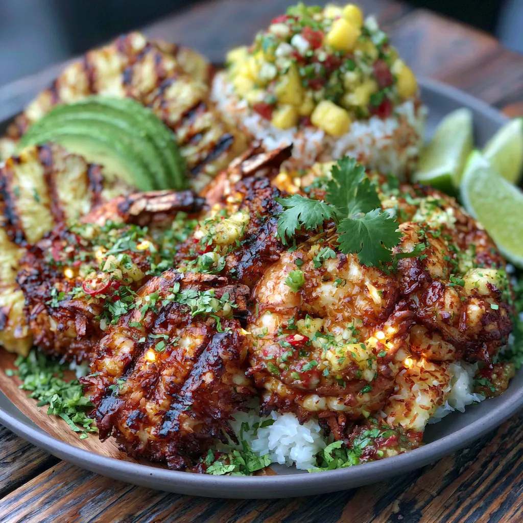 Grilled Coconut Lime Shrimp with Tropical Side Dishes Grilled Coconut Lime Shrimp served with coconut rice, grilled pineapple, mango salsa, and avocado.
