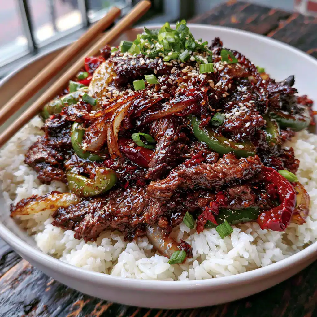 Chinese Pepper Steak with Onions Recipe Homemade Chinese Pepper Steak with Onions served over steamed jasmine rice with colorful bell peppers.