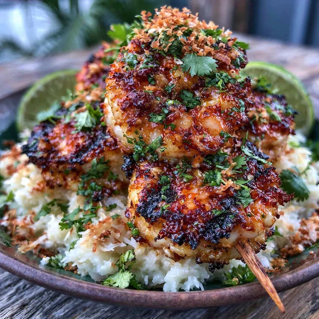 Grilled Coconut Lime Shrimp with Coconut Rice Grilled Coconut Lime Shrimp served over coconut rice with fresh lime wedges and cilantro.