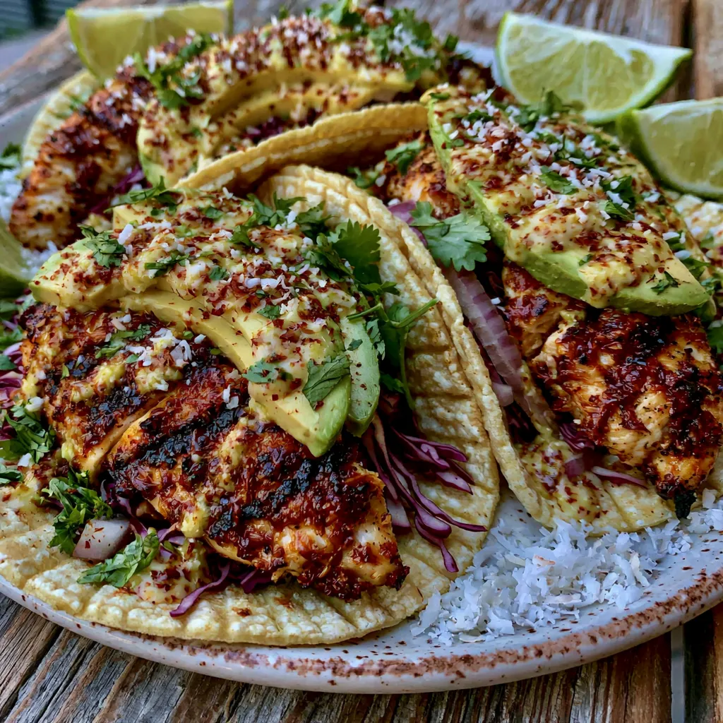 Coconut Lime Chicken Tacos with grilled chicken, avocado, cabbage, and coconut lime sauce