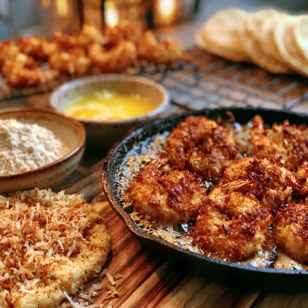 Coconut-coated shrimp frying until golden brown for Coconut Shrimp Tacos with Mango Salsa