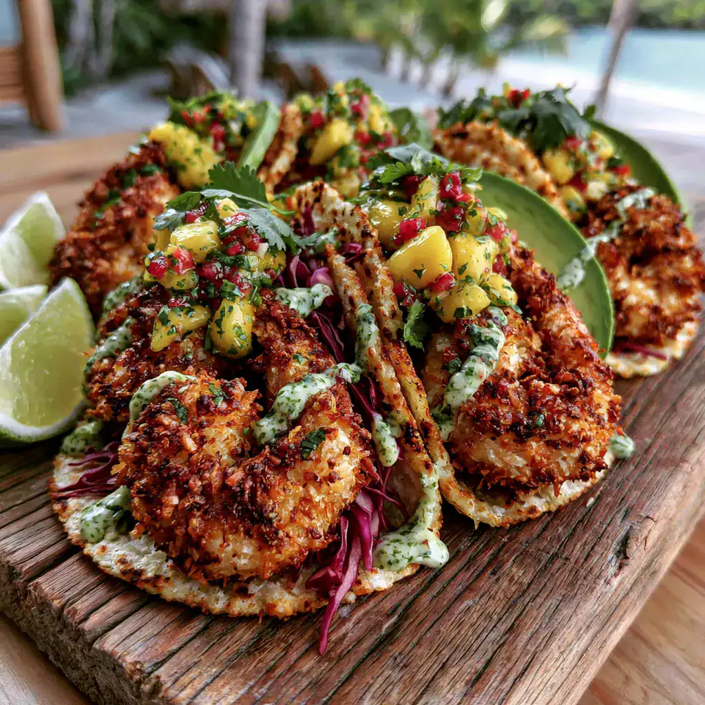 Crispy Coconut Shrimp Tacos with Mango Salsa served with creamy lime sauce and fresh avocado