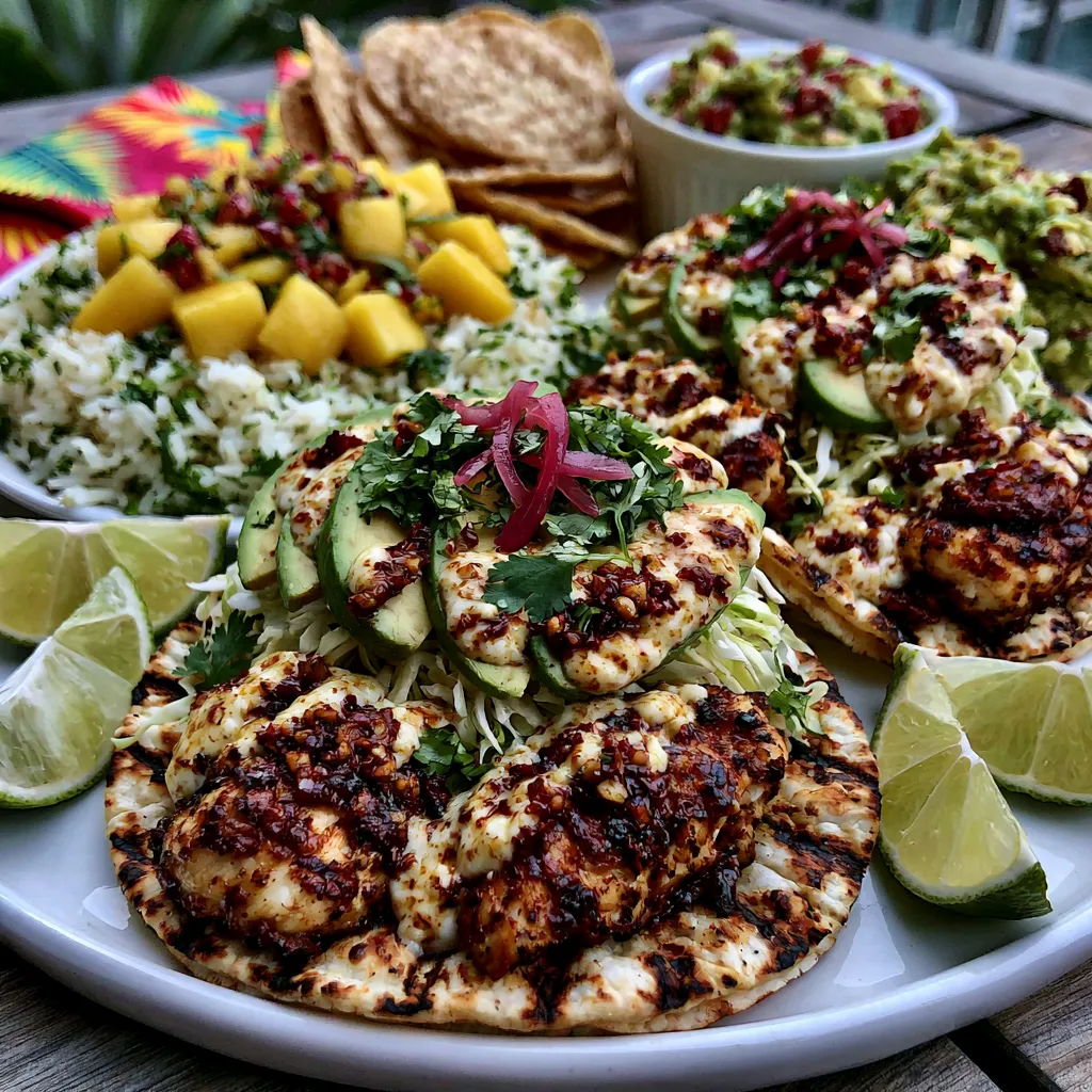 Served Coconut Lime Chicken Tacos with mango salsa, rice, and lime wedges