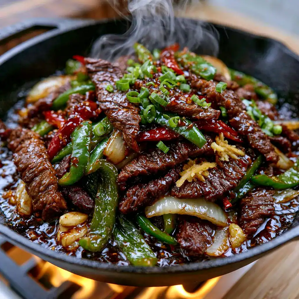 Cooking Chinese Pepper Steak with Onions in a Wok Beef, onions, and bell peppers stir-frying in a wok with savory Chinese sauce.