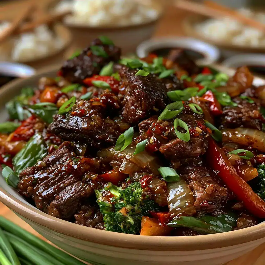 Chinese Pepper Steak with Onions Family Dinner Family-style serving of Chinese Pepper Steak with Onions with bowls of steamed rice.