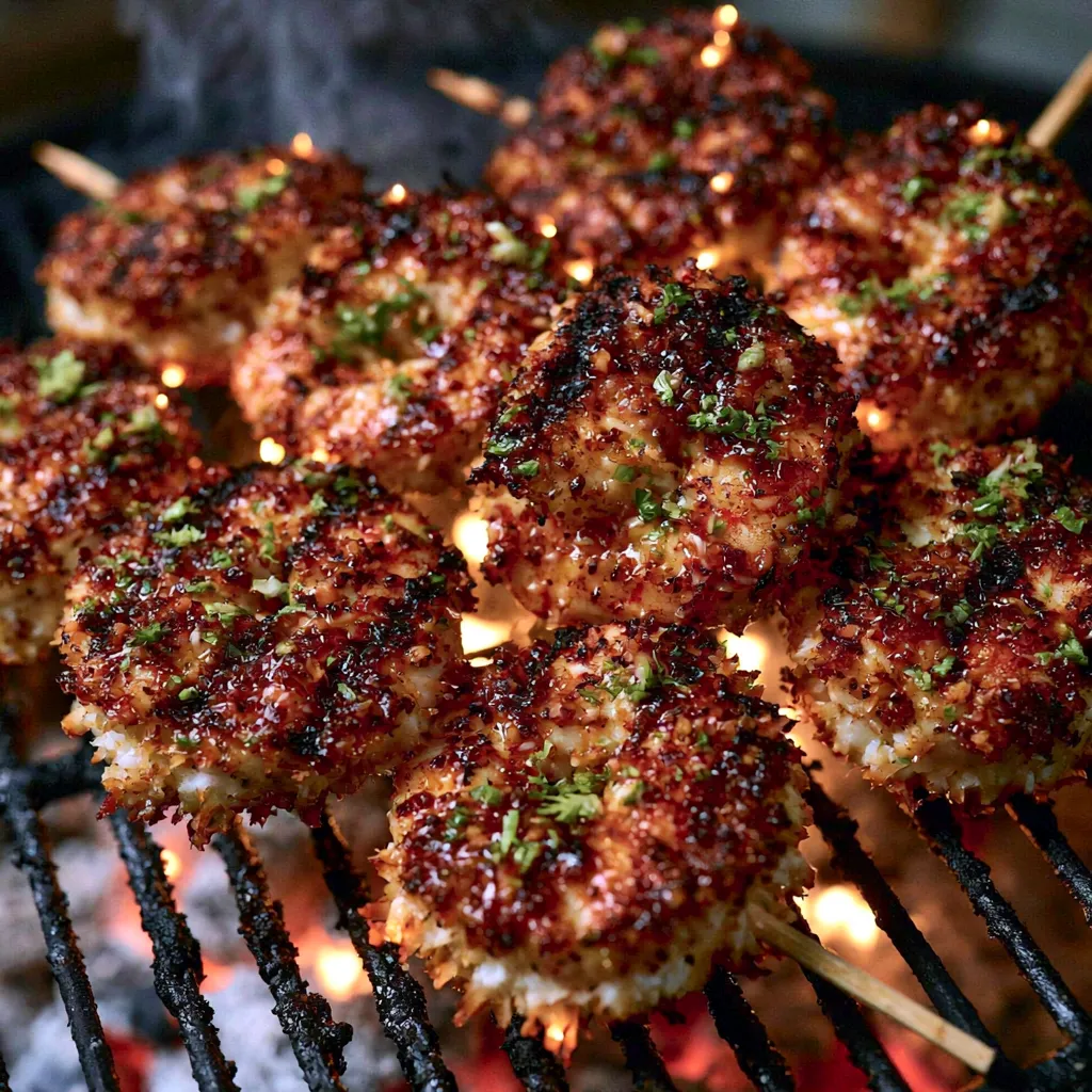 Grilled Coconut Lime Shrimp Cooking on the BBQ Grilled Coconut Lime Shrimp skewers cooking on a barbecue grill with smoky grill marks.