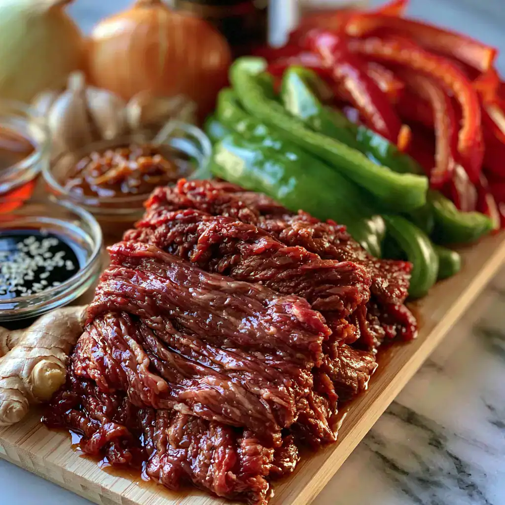 Ingredients for Chinese Pepper Steak with Onions Fresh ingredients including flank steak, bell peppers, onions, garlic, ginger, and sauces for Chinese Pepper Steak.