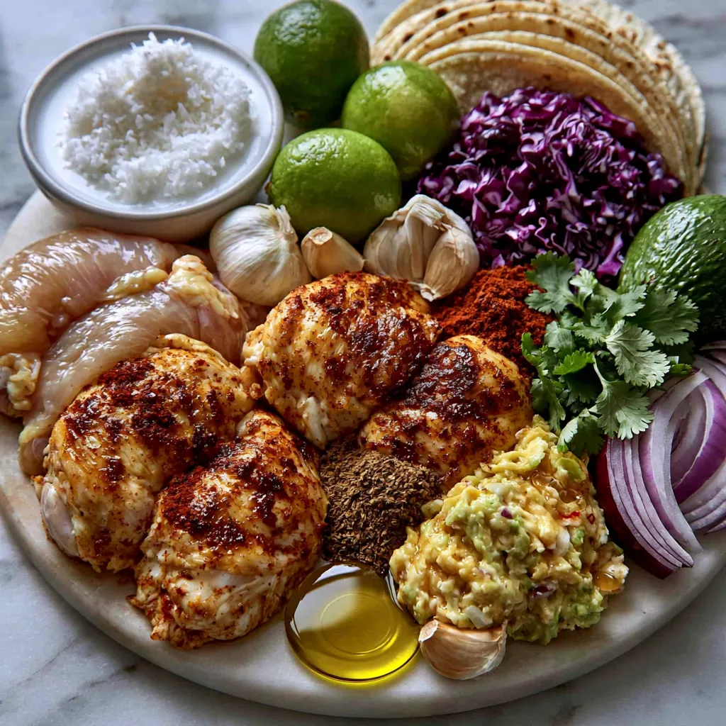 Fresh ingredients for Coconut Lime Chicken Tacos including chicken, coconut milk, limes, avocado, and tortillas