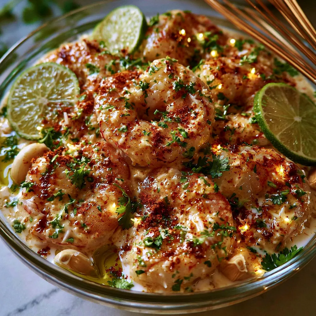Preparing Coconut Lime Marinade for Shrimp Raw shrimp marinating in a creamy coconut lime marinade with garlic and fresh lime.