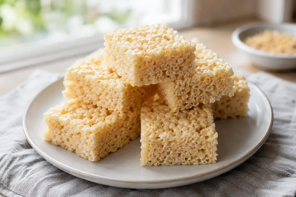 Finished rice crispy treats arranged on a simple serving plate.