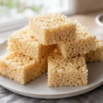 Finished rice crispy treats arranged on a simple serving plate.