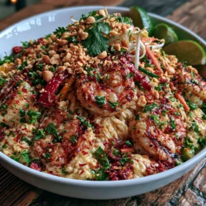 Coconut Lime Shrimp Pad Thai with shrimp, rice noodles, coconut lime sauce, peanuts, and cilantro