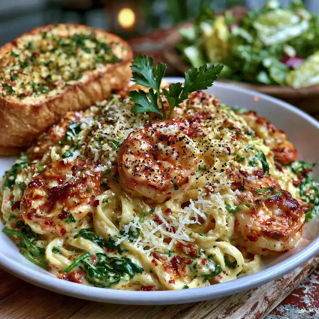 Served Creamy Shrimp Alfredo with Spinach Creamy Shrimp Alfredo with Spinach served with garlic bread and Caesar salad