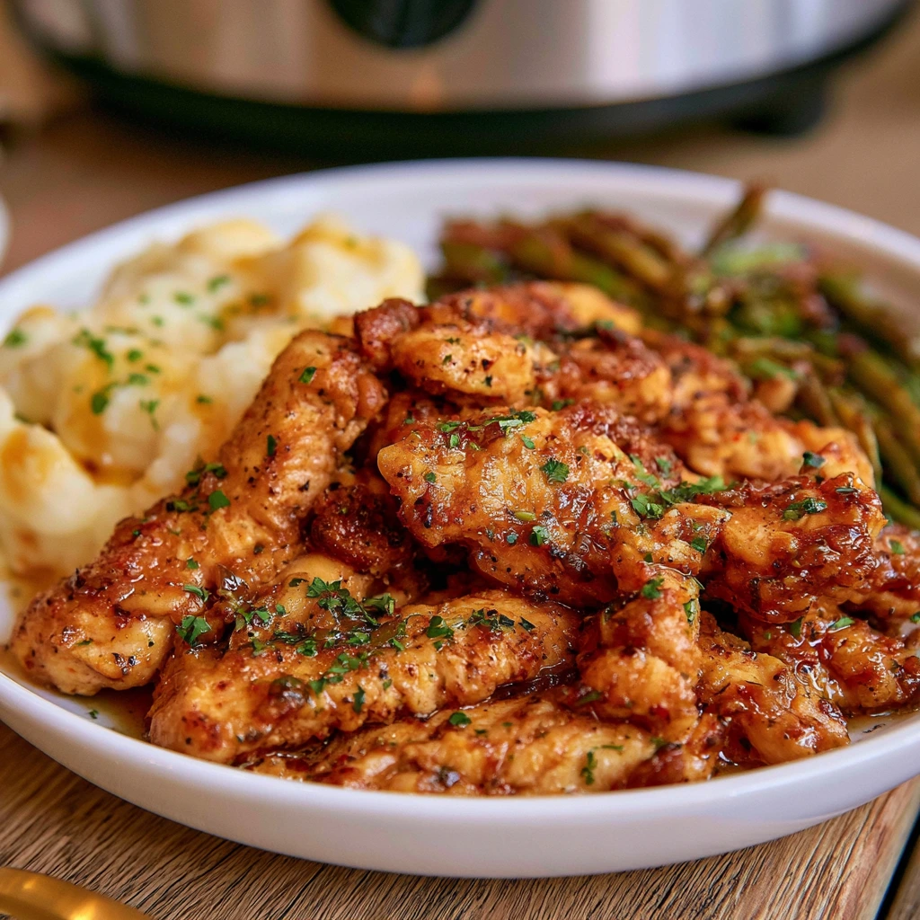 Home 1 Juicy crock pot chicken tenders served with mashed potatoes and green beans.