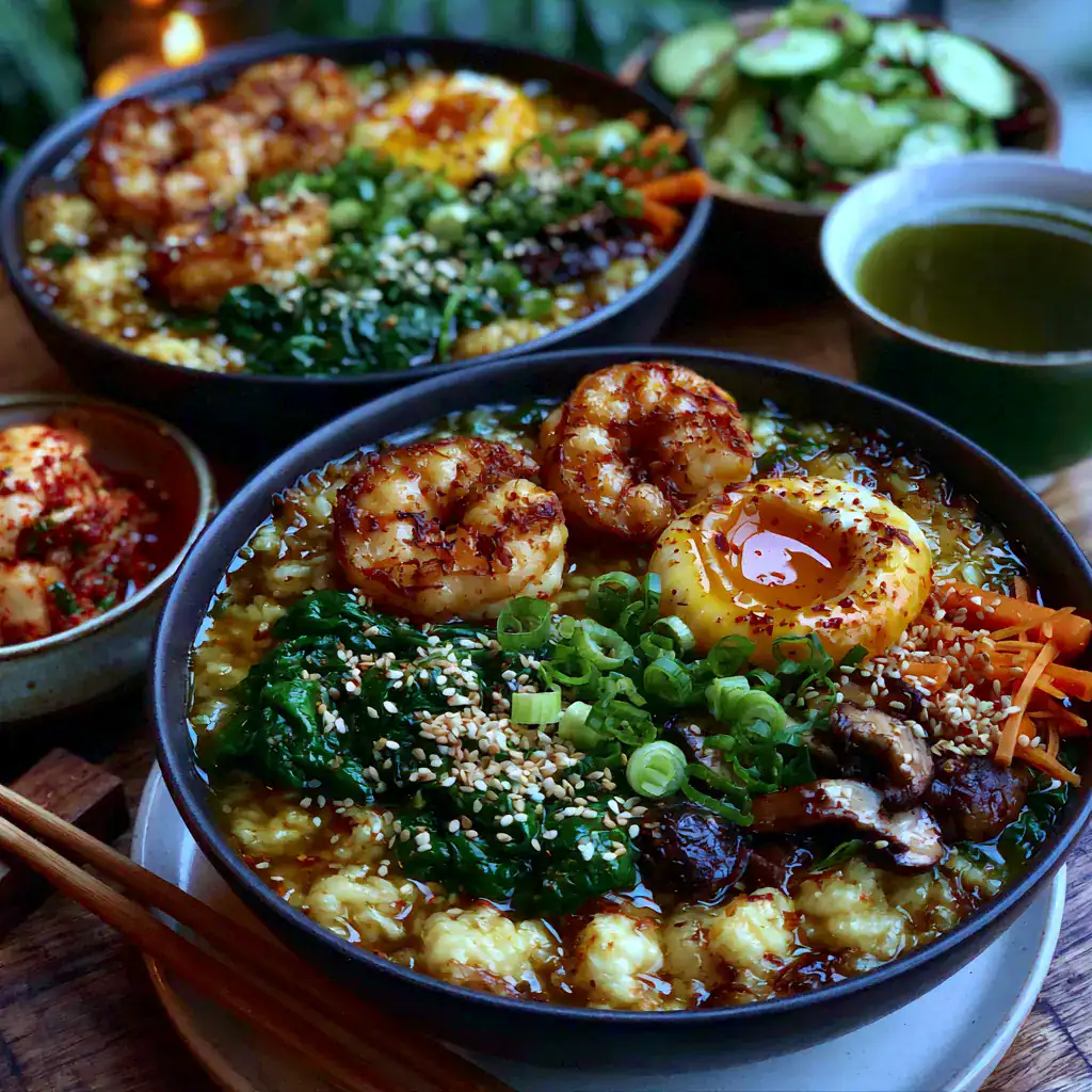 Serving Shrimp Ramen with Soft-Boiled Egg Served Shrimp Ramen with Soft-Boiled Egg topped with shrimp, mushrooms, spinach, carrots, green onions, and sesame seeds alongside cucumber salad and kimchi.