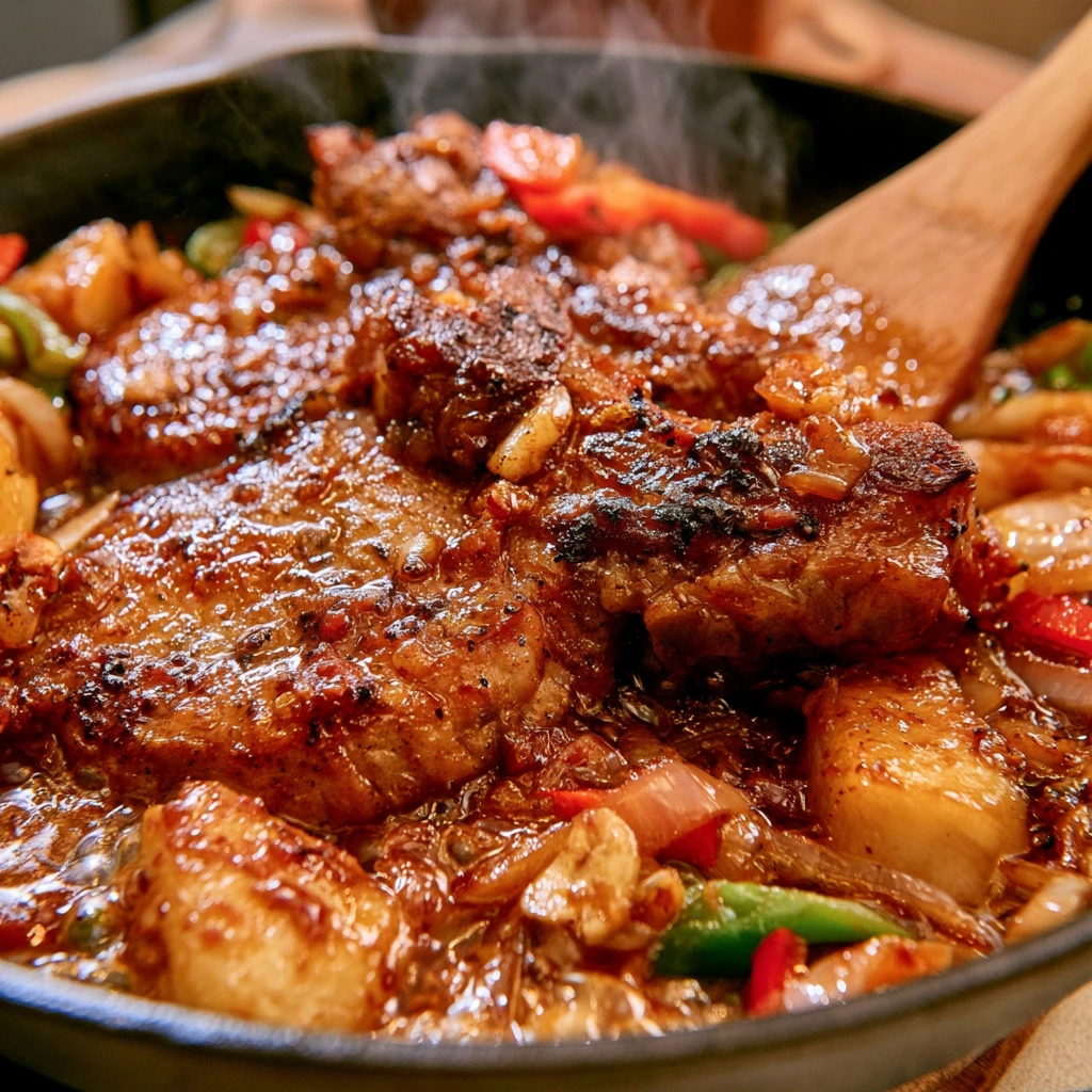 Cooking Hawaiian Pineapple Pork Chops Pork chops cooking in a skillet with pineapple chunks, bell peppers, onions, and Hawaiian sauce.