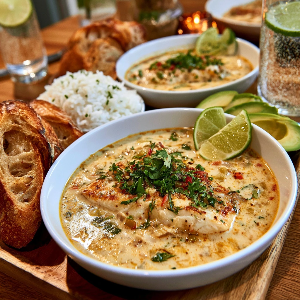 Homemade Coconut Lime Fish Soup Dinner Homemade coconut lime fish soup served with crusty bread and jasmine rice