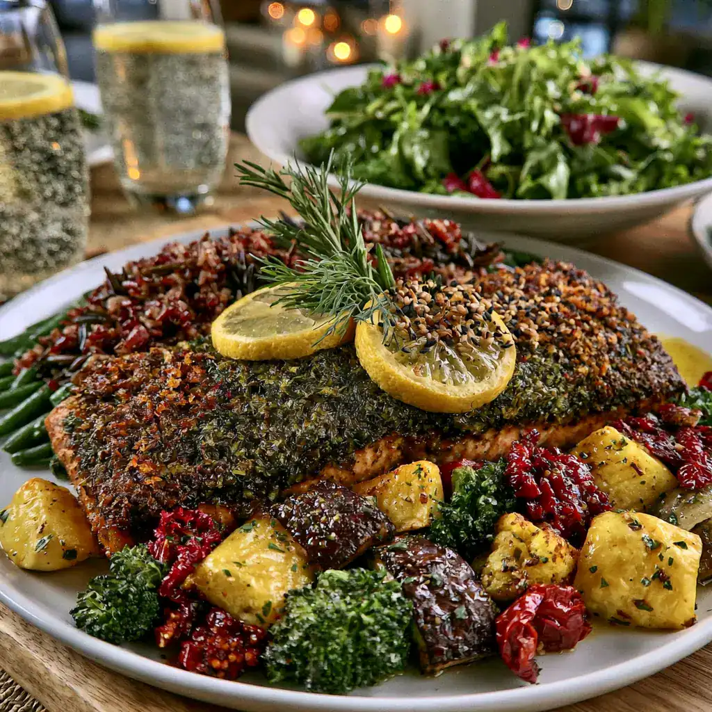 Healthy Dill and Lemon Crusted Salmon dinner with vegetables and rice