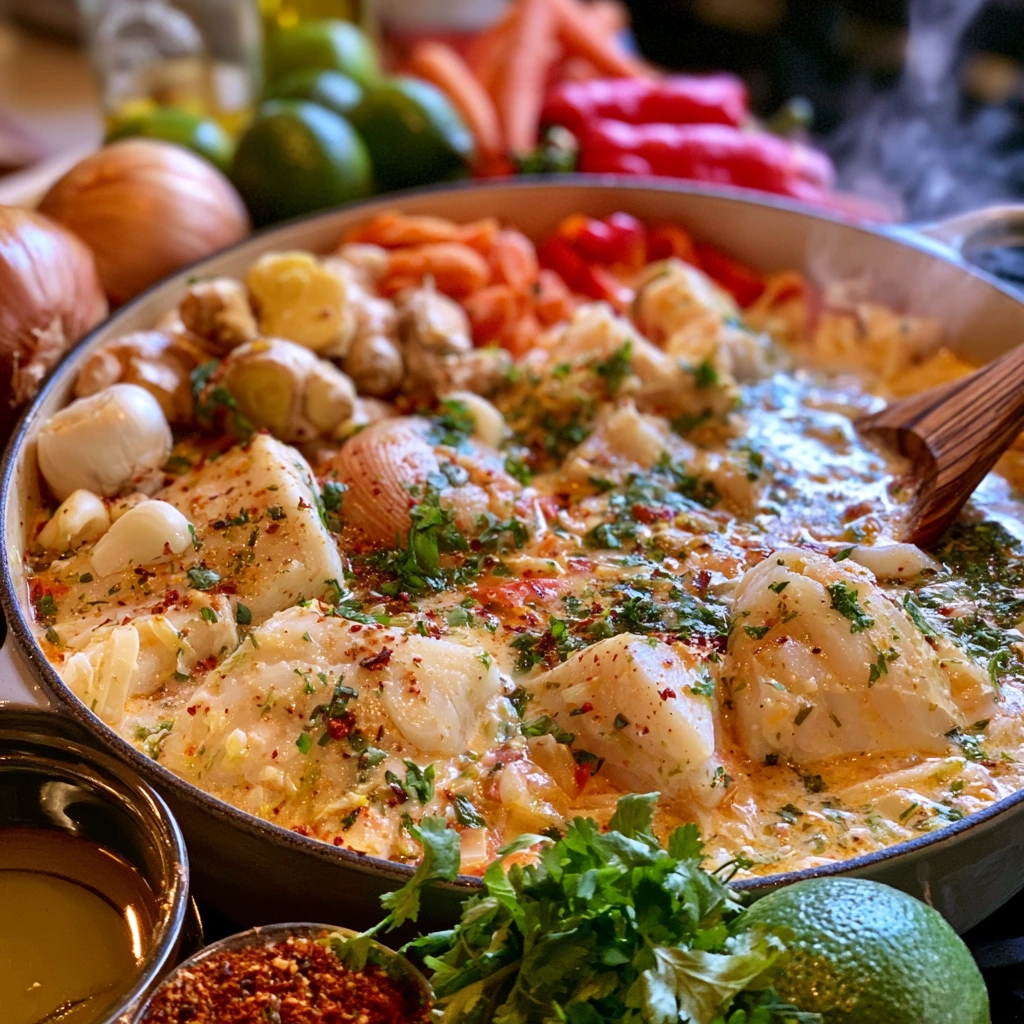 How to Make Coconut Lime Fish Soup Cooking coconut lime fish soup with fresh fish, vegetables, coconut milk, and herbs