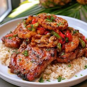 Juicy Hawaiian pineapple pork chops served with jasmine rice, caramelized pineapple, and colorful bell peppers.