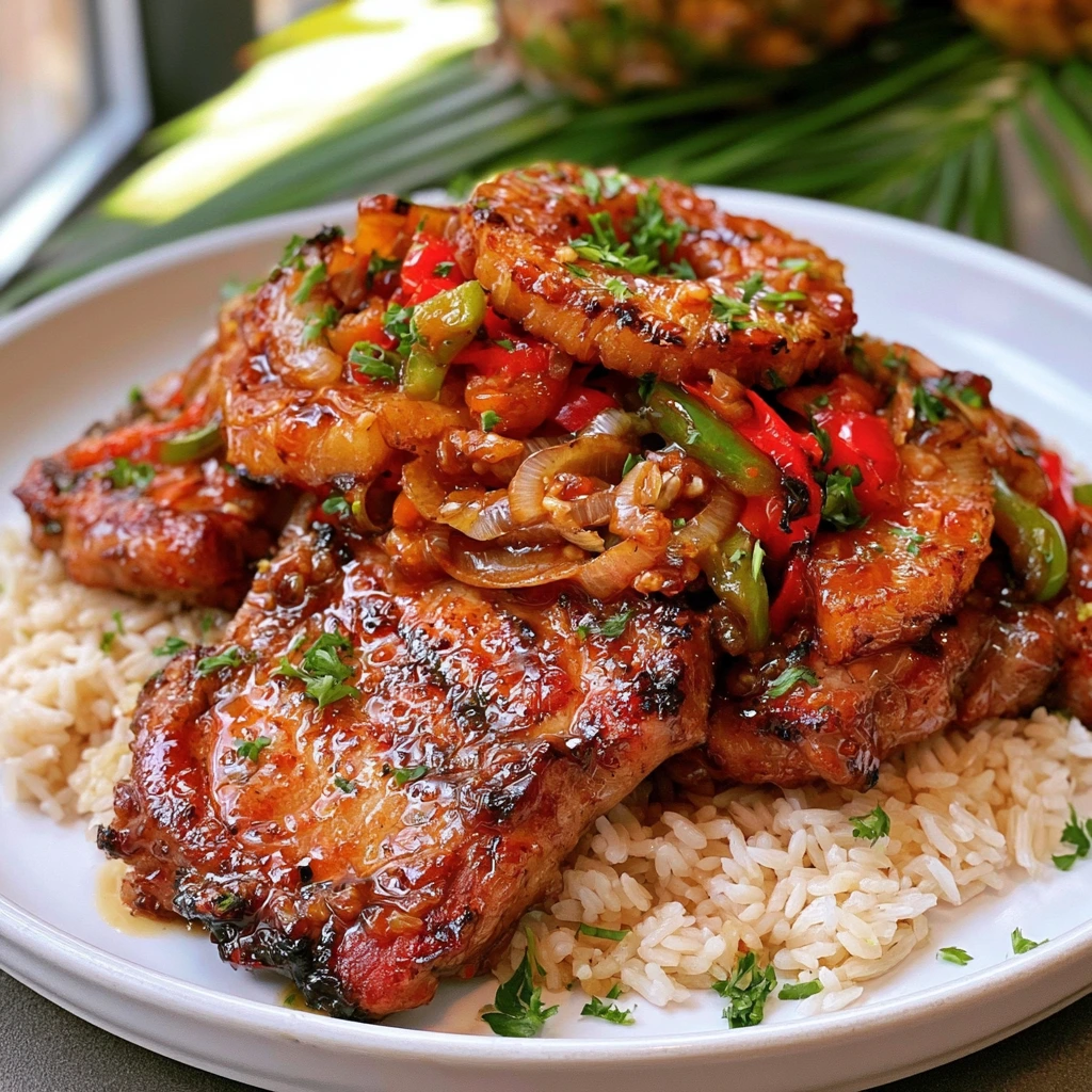 Home 3 Juicy Hawaiian pineapple pork chops served with jasmine rice, caramelized pineapple, and colorful bell peppers.