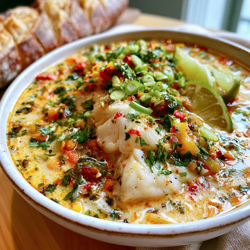 Home 2 Creamy coconut lime fish soup recipe with flaky white fish, fresh cilantro, and lime wedges