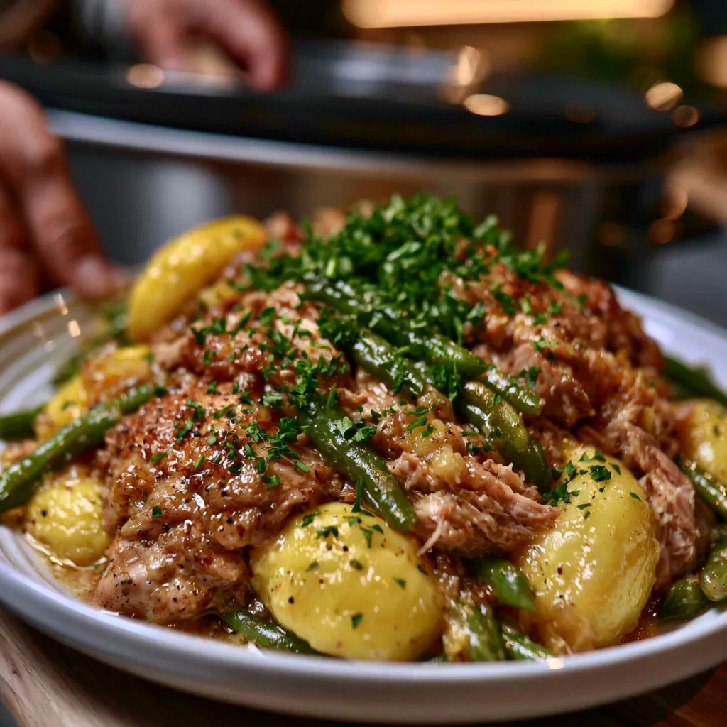 Serving Chicken Green Beans Potatoes Slow Cooker Meal Serving chicken green beans potatoes slow cooker meal onto a plate
