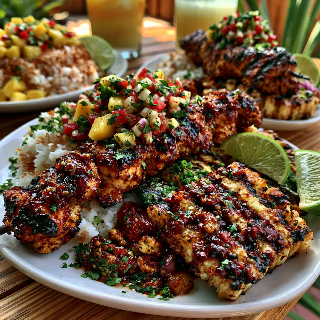Coconut Lime Grilled Chicken Skewers Coconut Lime Grilled Chicken Skewers served with coconut rice and lime wedges