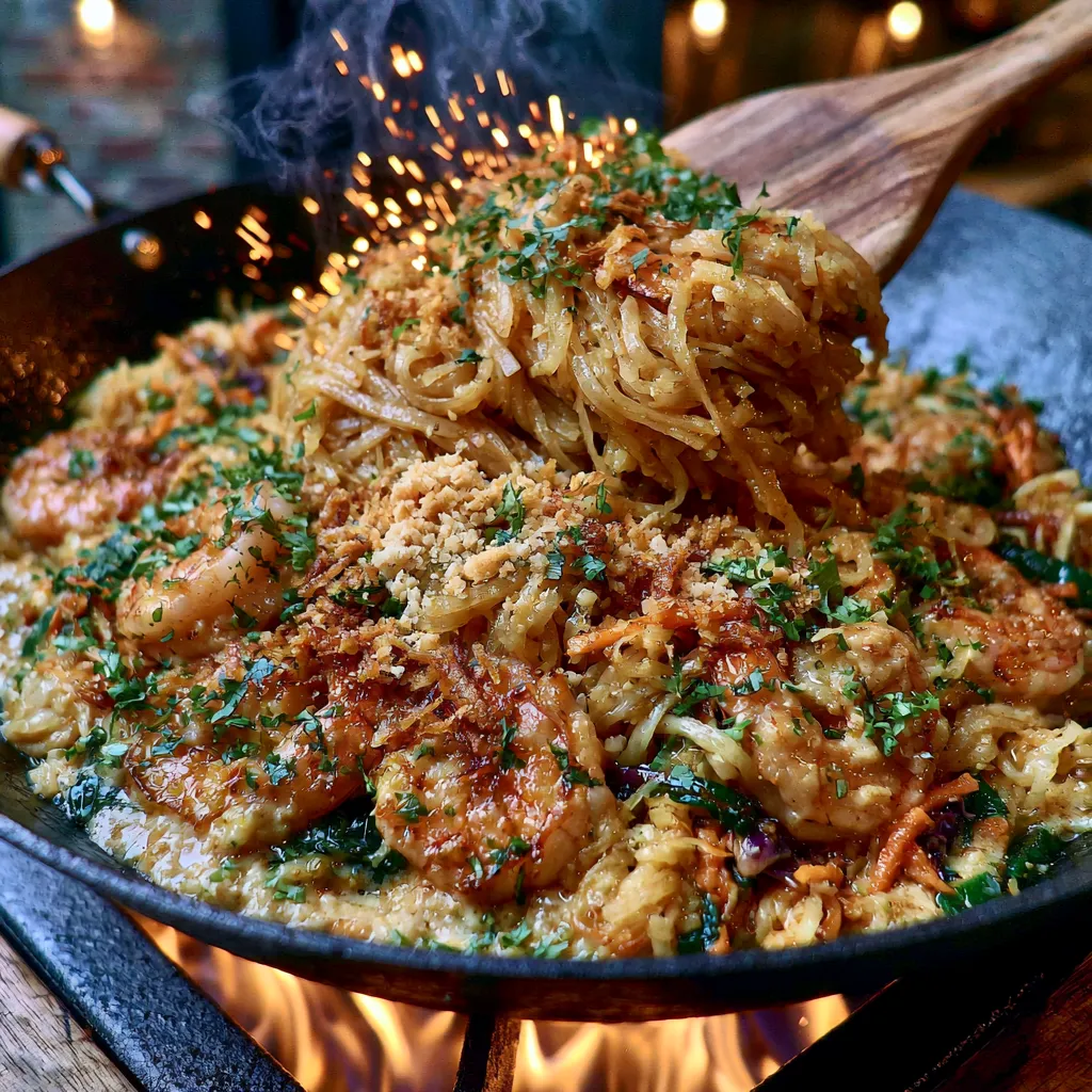 Cooking Coconut Lime Shrimp Pad Thai Cooking Coconut Lime Shrimp Pad Thai in a wok with shrimp, noodles, and coconut lime sauce