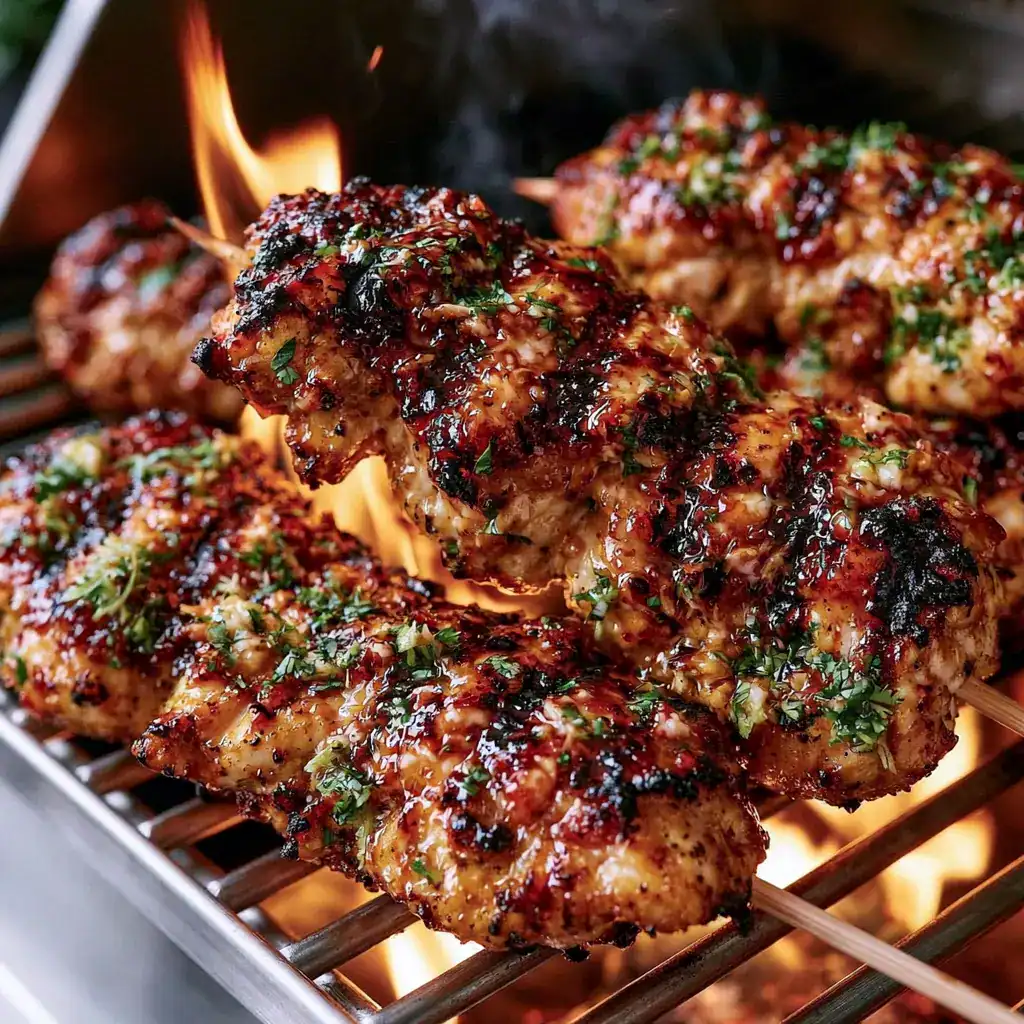 Grilling Coconut Lime Grilled Chicken Skewers on an outdoor barbecue