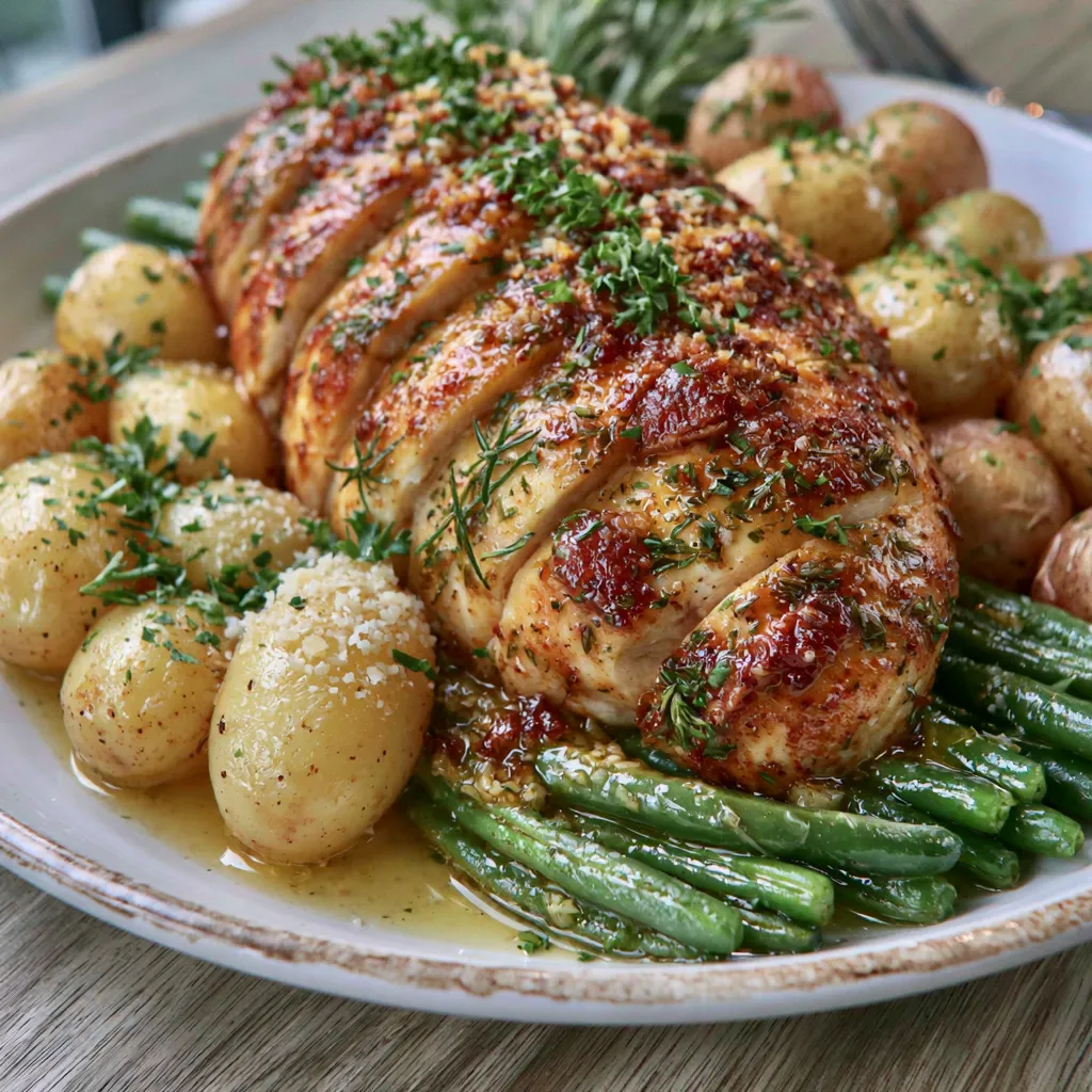 Plated Chicken Green Beans Potatoes Slow Cooker Meal Plated chicken green beans potatoes slow cooker meal with parsley