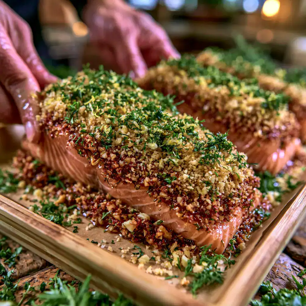 Preparing Dill and Lemon Crusted Salmon with herb breadcrumb crust