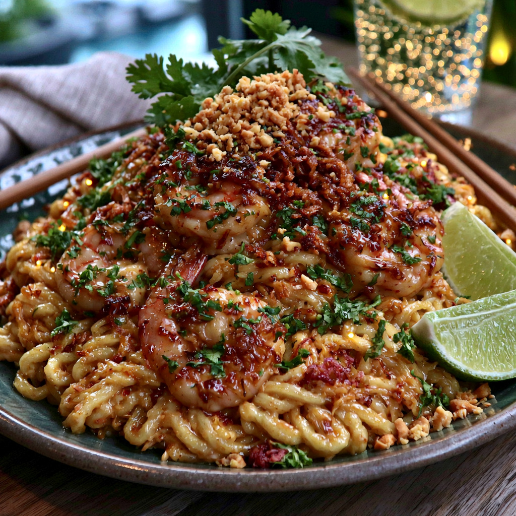 Served Coconut Lime Shrimp Pad Thai Served Coconut Lime Shrimp Pad Thai with lime wedges, cilantro, and chopped peanuts