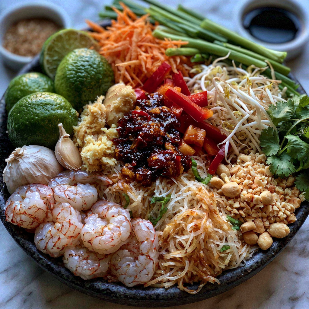 Coconut Lime Shrimp Pad Thai Ingredients Fresh ingredients for Coconut Lime Shrimp Pad Thai including shrimp, coconut milk, rice noodles, and vegetables