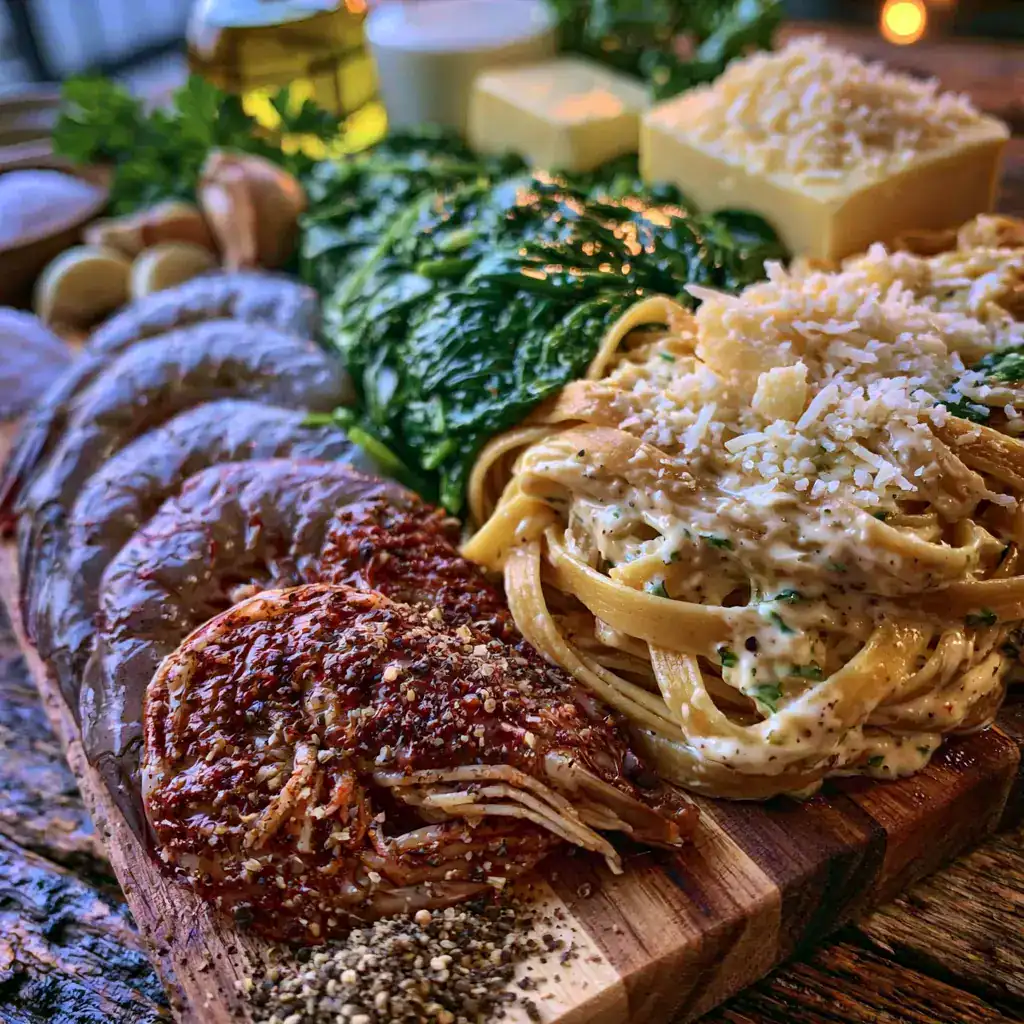 Ingredients for Creamy Shrimp Alfredo with Spinach Fresh ingredients for Creamy Shrimp Alfredo with Spinach including shrimp, spinach, Parmesan, garlic, and fettuccine