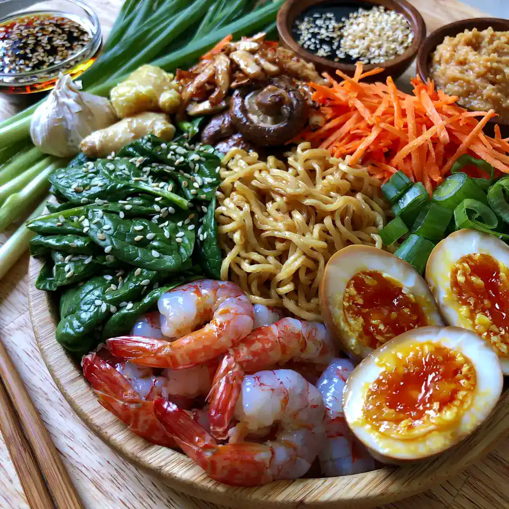 Fresh Ingredients for Shrimp Ramen with Soft-Boiled Egg Fresh ingredients for Shrimp Ramen with Soft-Boiled Egg including shrimp, ramen noodles, soft-boiled eggs, spinach, mushrooms, carrots, garlic, ginger, soy sauce, and miso paste