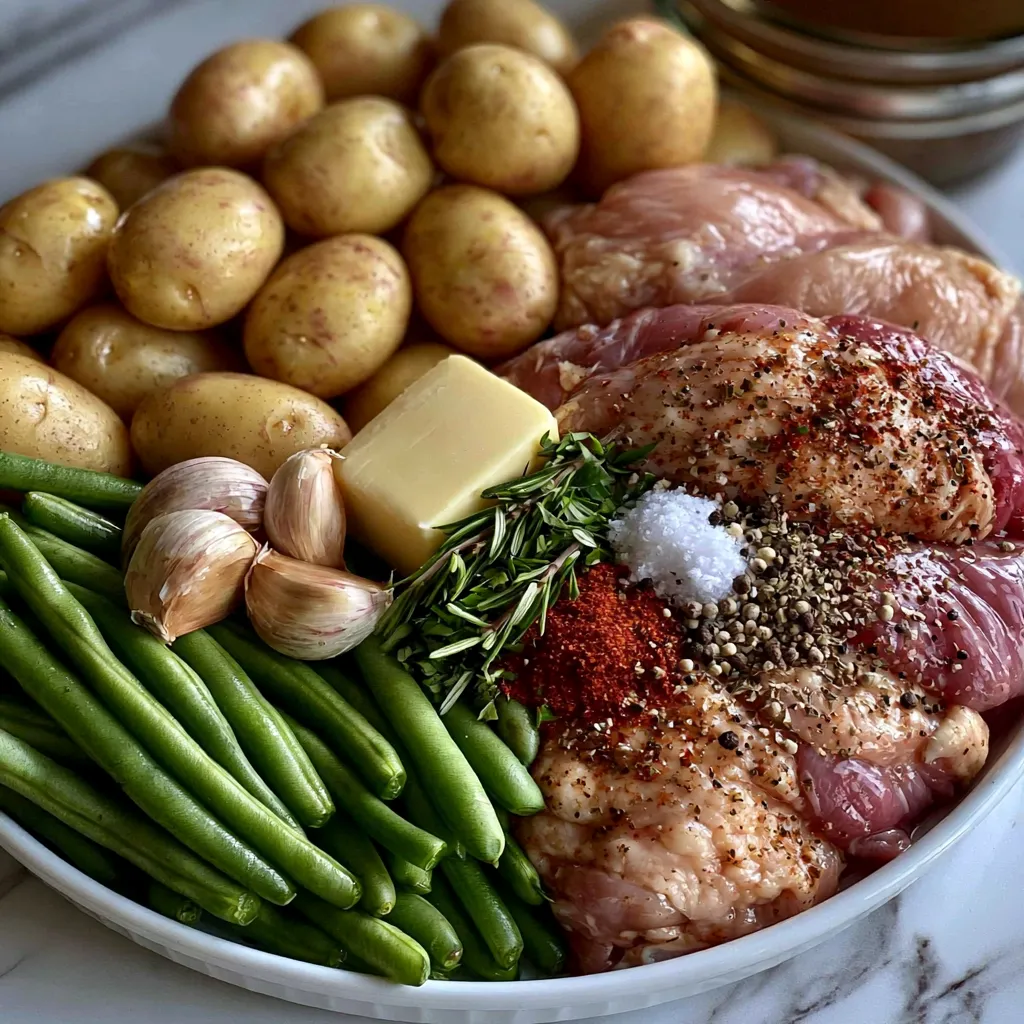 Ingredients for Chicken Green Beans Potatoes Slow Cooker Meal Fresh ingredients for chicken green beans potatoes slow cooker meal