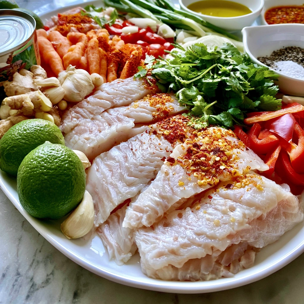 Coconut Lime Fish Soup Ingredients Fresh ingredients for coconut lime fish soup including white fish, coconut milk, lime, vegetables, and herbs