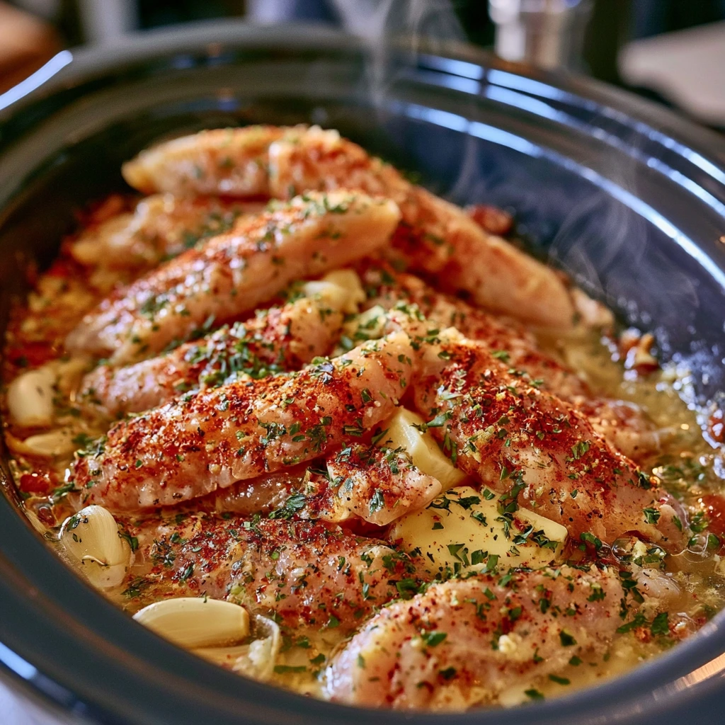Slow Cooker Chicken Tenders Chicken tenders cooking in a crock pot with garlic, herbs, and chicken broth.