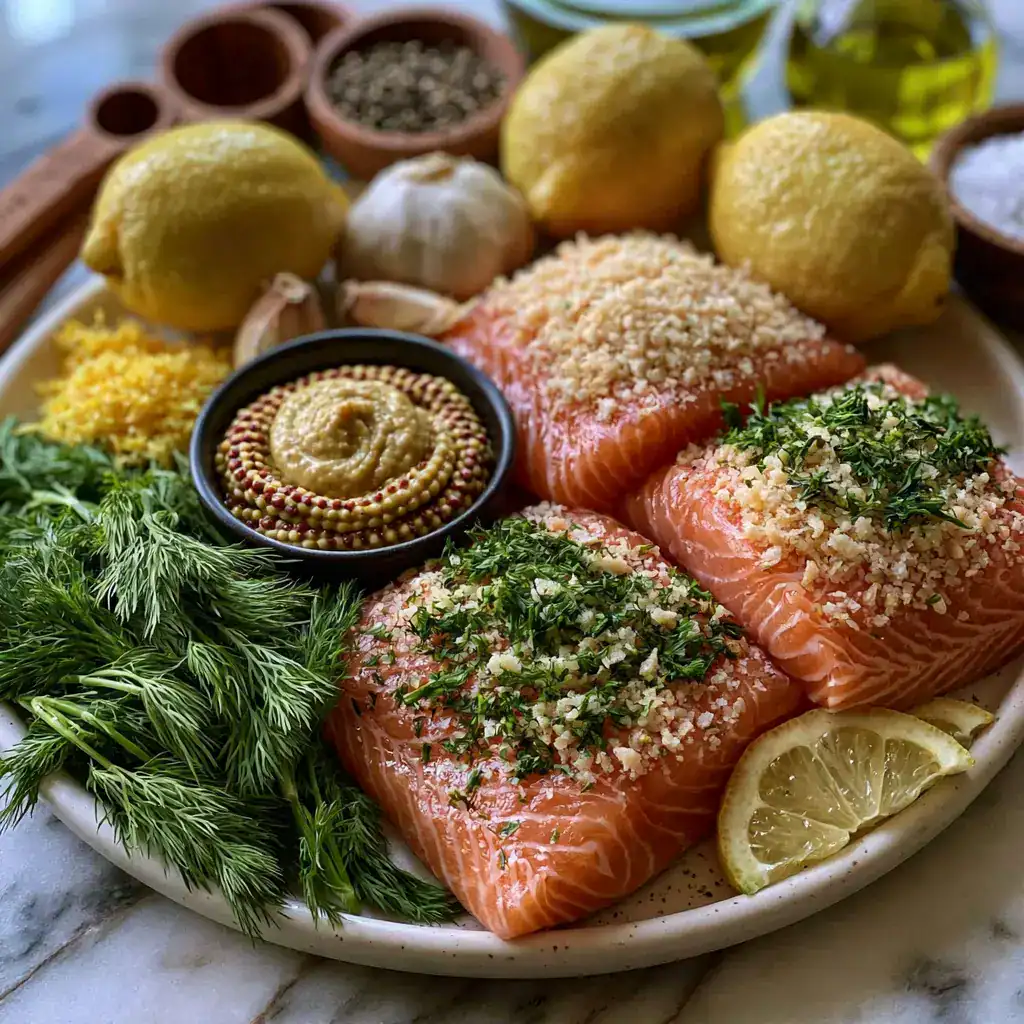 Fresh ingredients for Dill and Lemon Crusted Salmon recipe