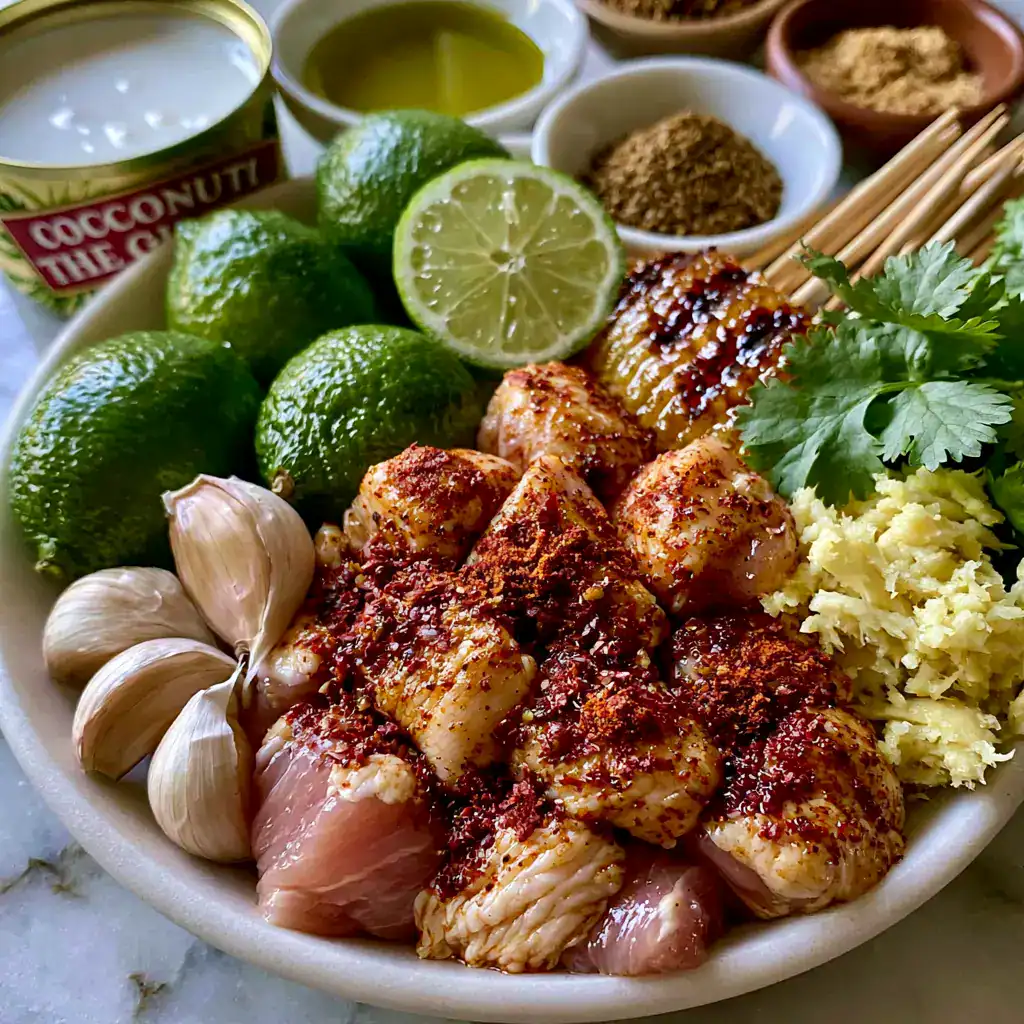 Ingredients for Coconut Lime Grilled Chicken Skewers including coconut milk and fresh lime