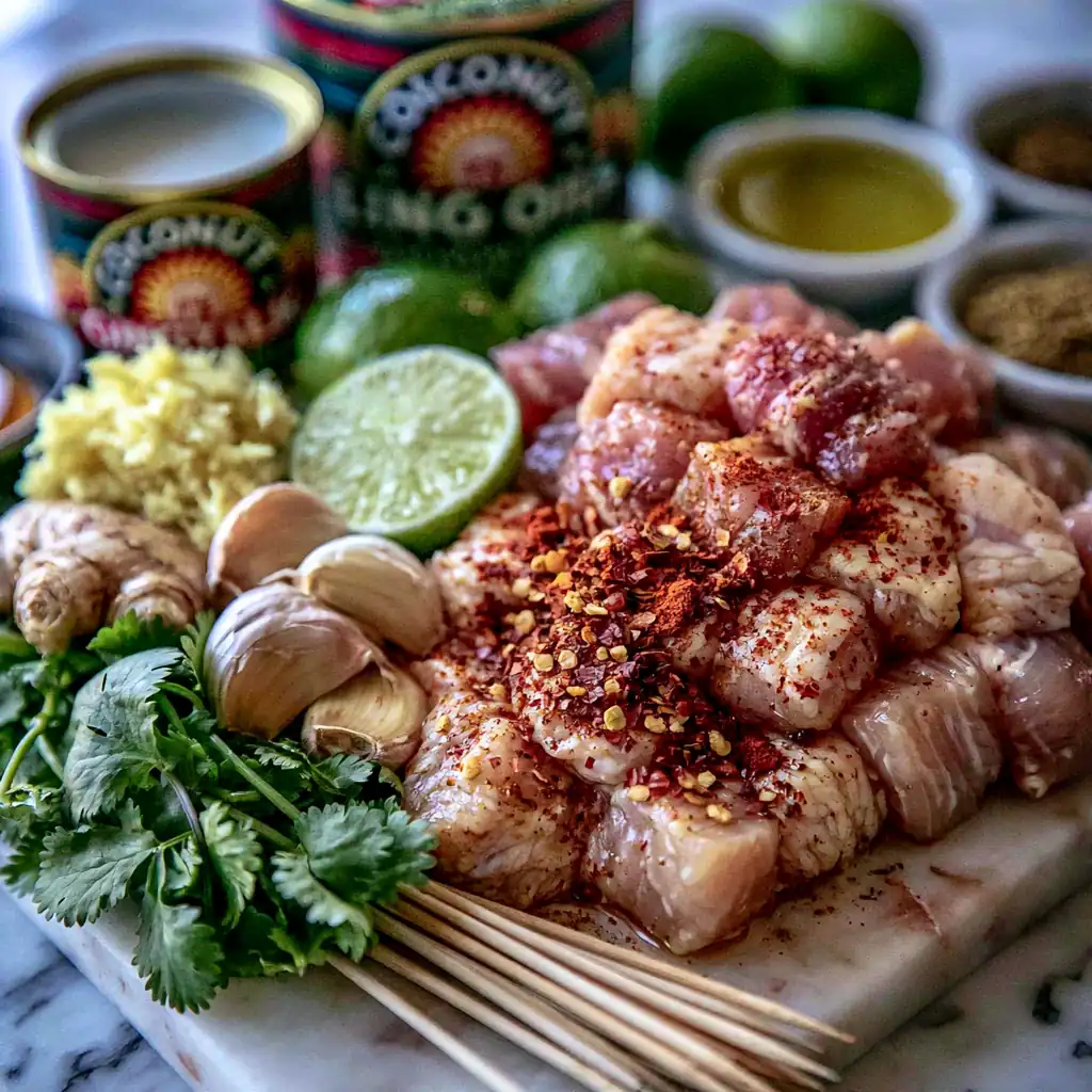 Ingredients for Coconut Lime Grilled Chicken Skewers Fresh ingredients for Coconut Lime Grilled Chicken Skewers including coconut milk, lime, garlic, and chicken