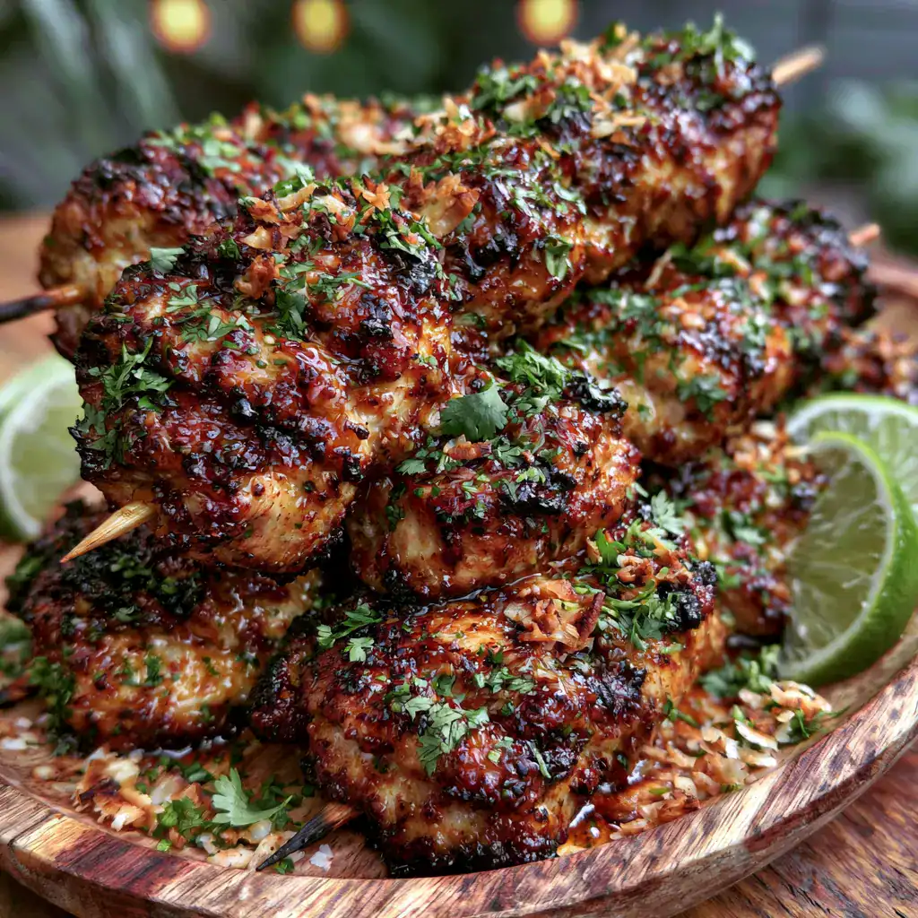 Coconut Lime Grilled Chicken Skewers served with coconut rice and grilled vegetables