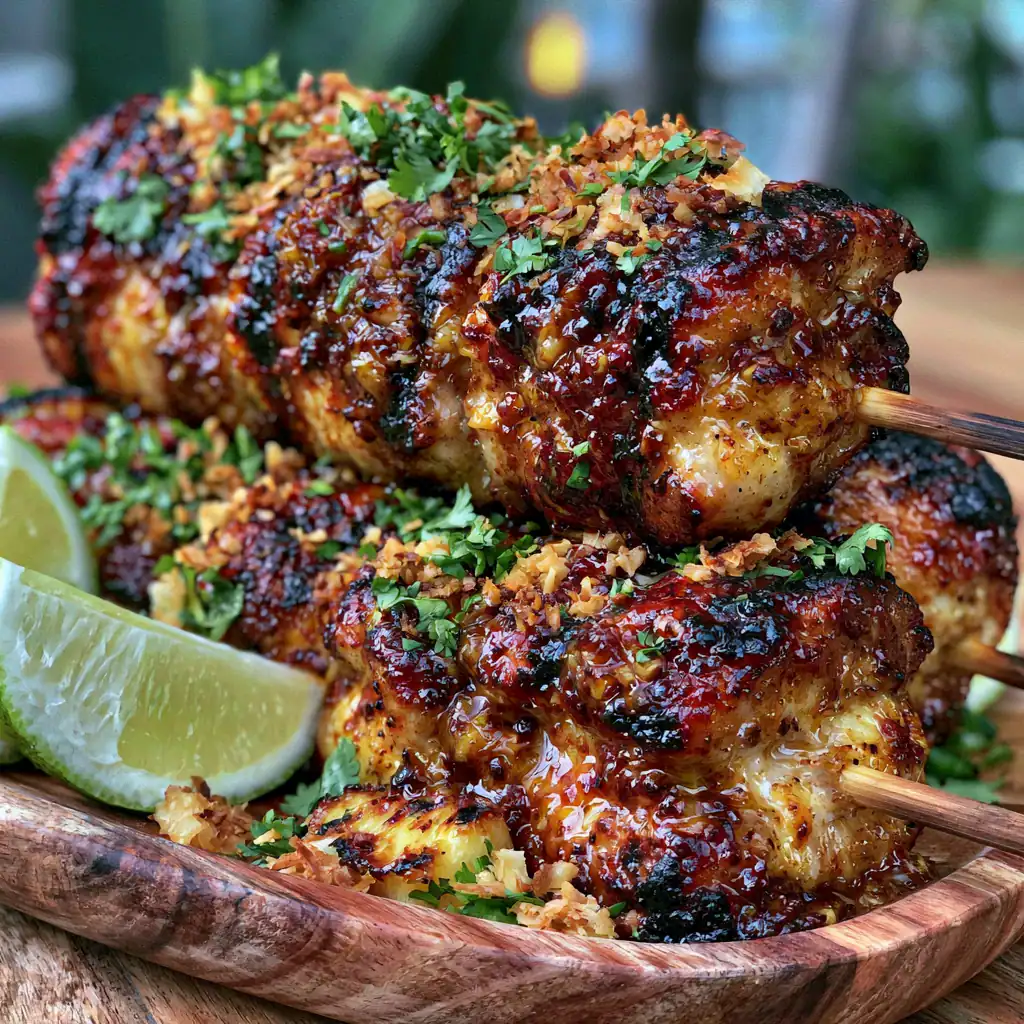 Coconut Lime Grilled Chicken Skewers Family Dinner Family enjoying Coconut Lime Grilled Chicken Skewers at an outdoor summer barbecue