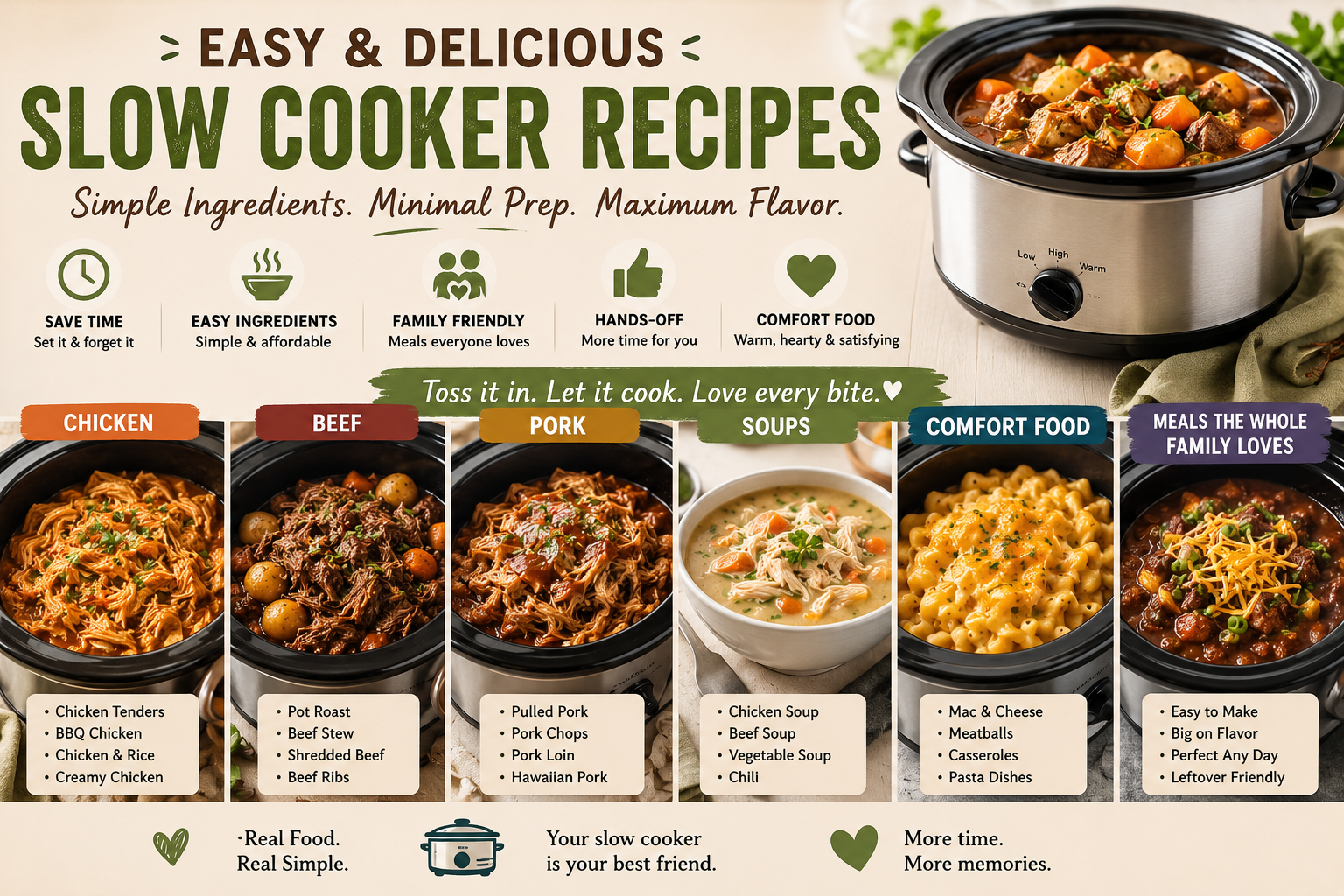 Easy slow cooker recipes featuring chicken, beef, pork, soups, and comfort food