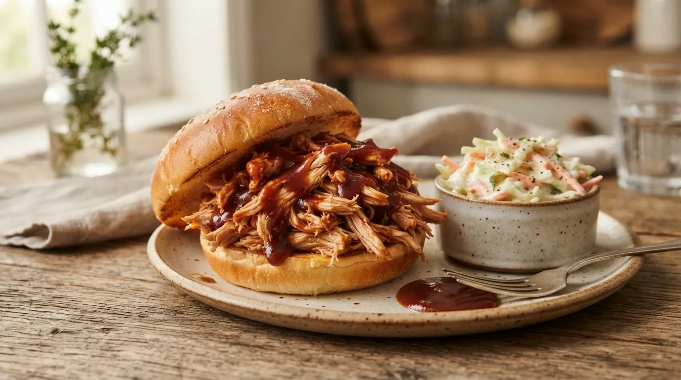 BBQ Chicken Sandwich Serving Shredded slow cooker BBQ chicken sandwich served with coleslaw