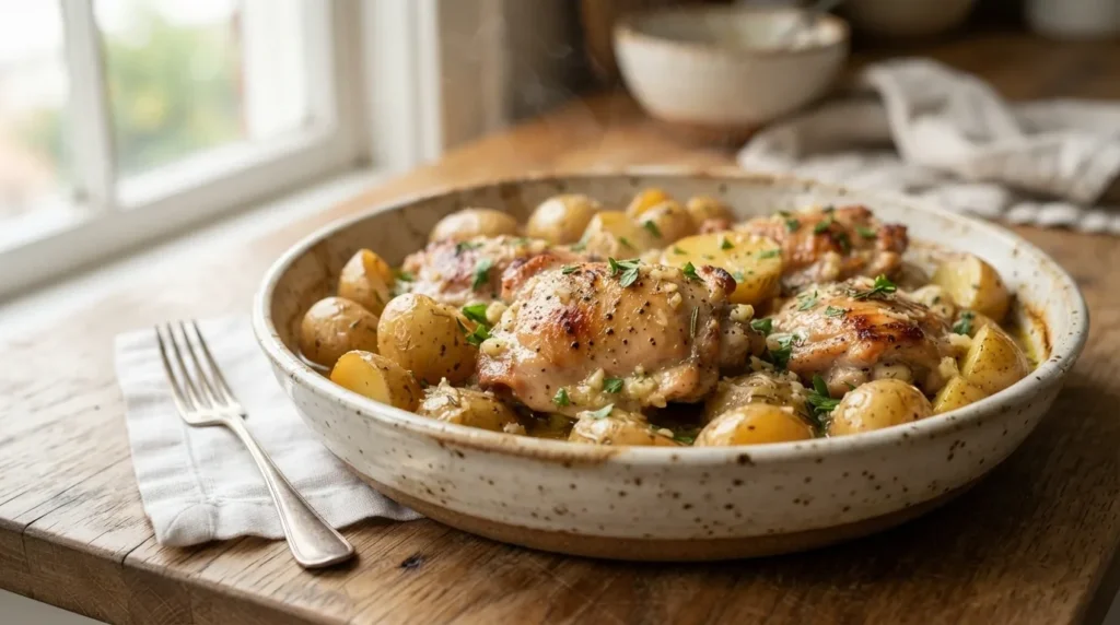 Slow Cooker Recipes 3 Slow cooker chicken and potatoes with garlic, herbs, butter, and Parmesan